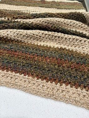 Handmade Crocheted Striped Throw - Neutral Beige & Multicolor Earth Tones